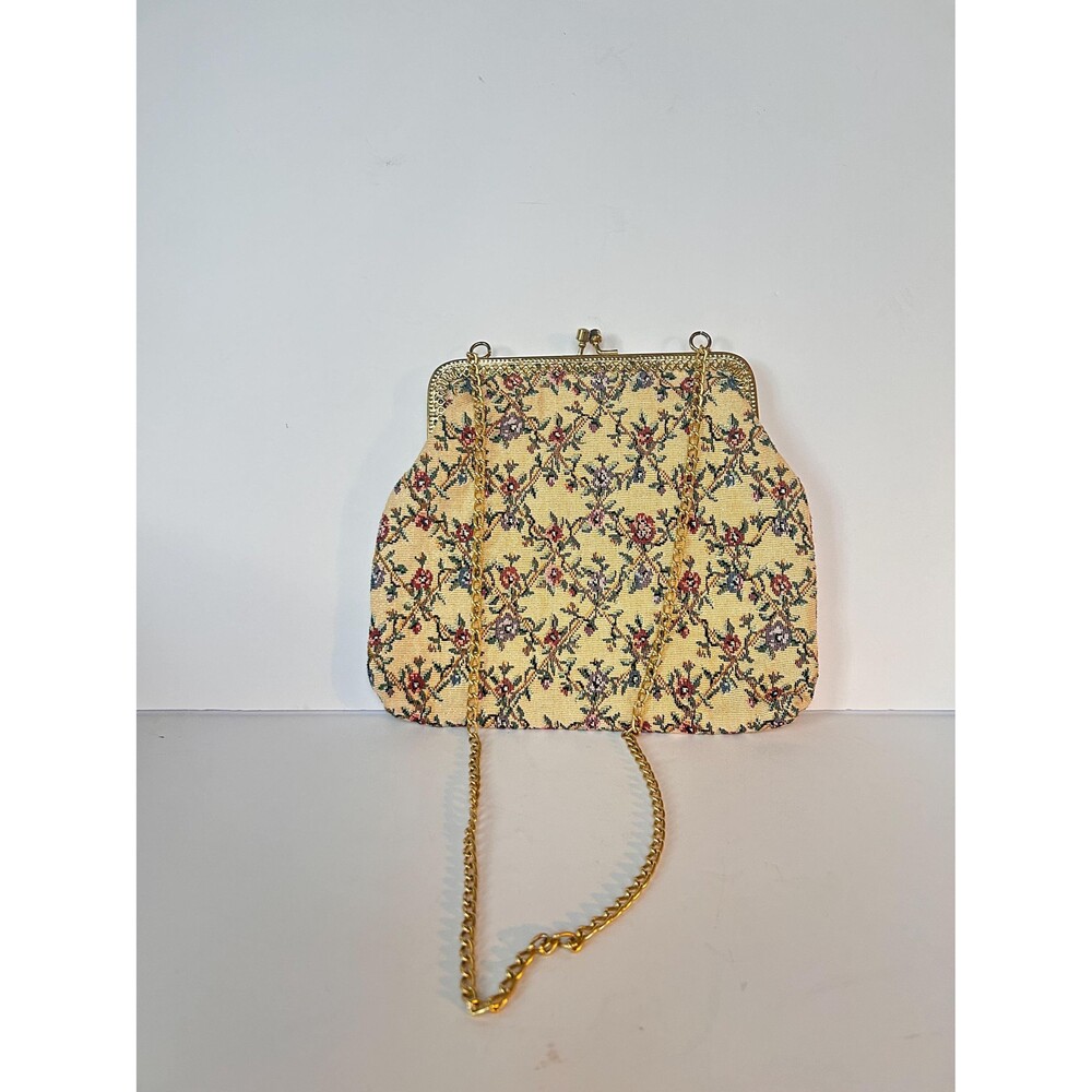 Vintage Floral Tapestry Purse with Gold Chain, Mid-Century Kiss-Lock Evening Bag